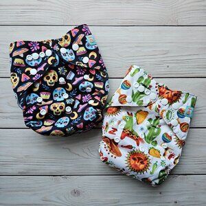 NEW Alva Baby Pocket Cloth Diapers - Black Sugar Skulls + White Mexico Fiesta